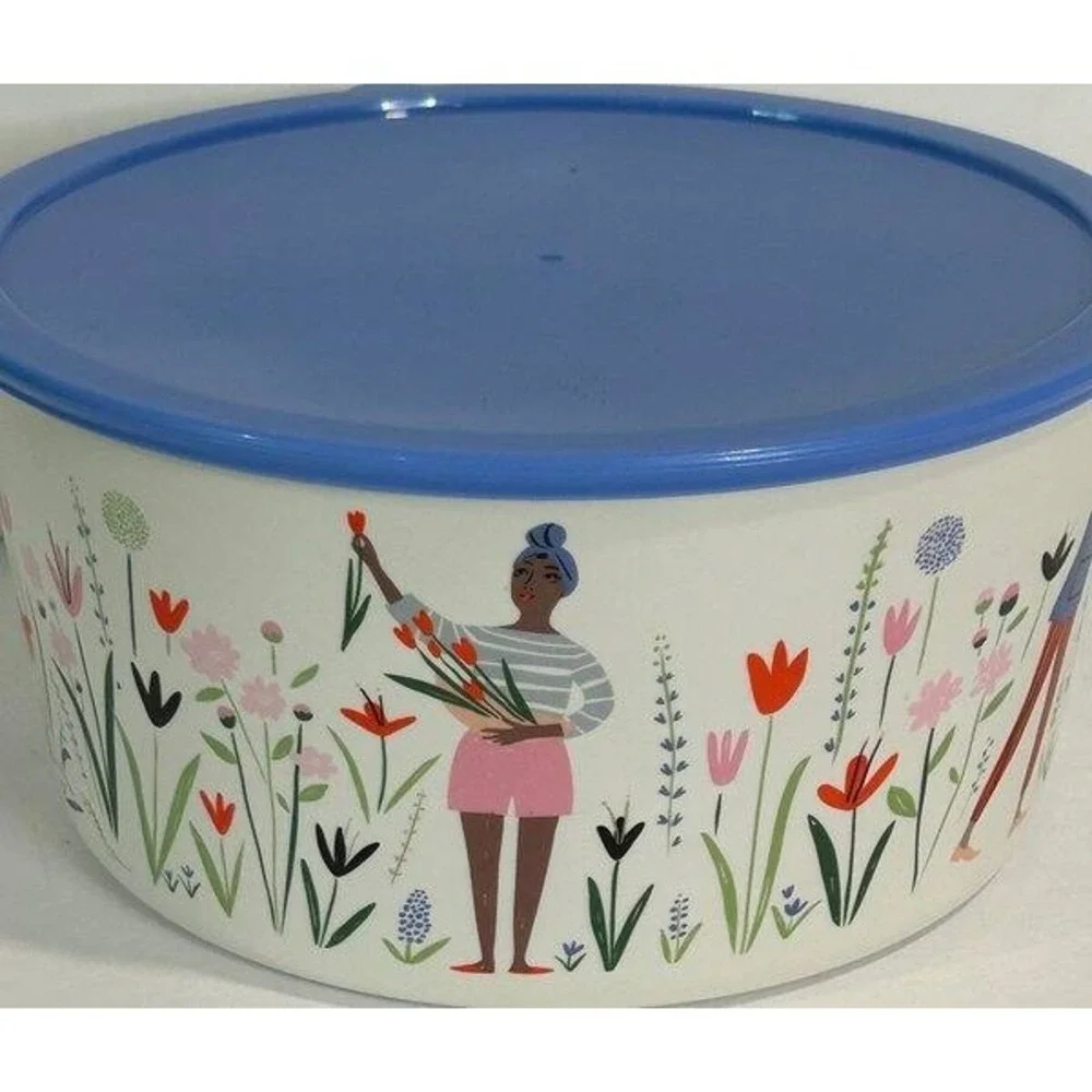 Libby VanderPloeg Anthropologie Melamine Bowl Blue Lid Floral Garden